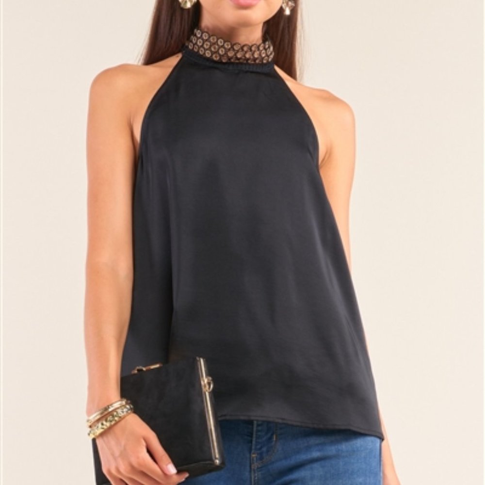 Black Satin Sleeveless Halter Neck Grommet Detail